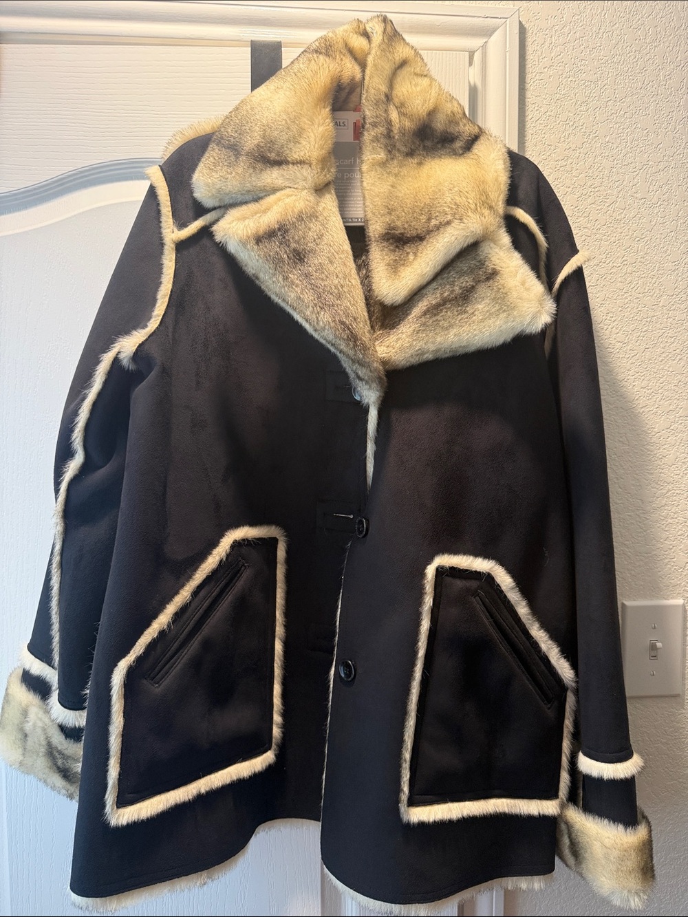 dennis basso Black Teddy Jacket with Cream Faux-Fur Trim